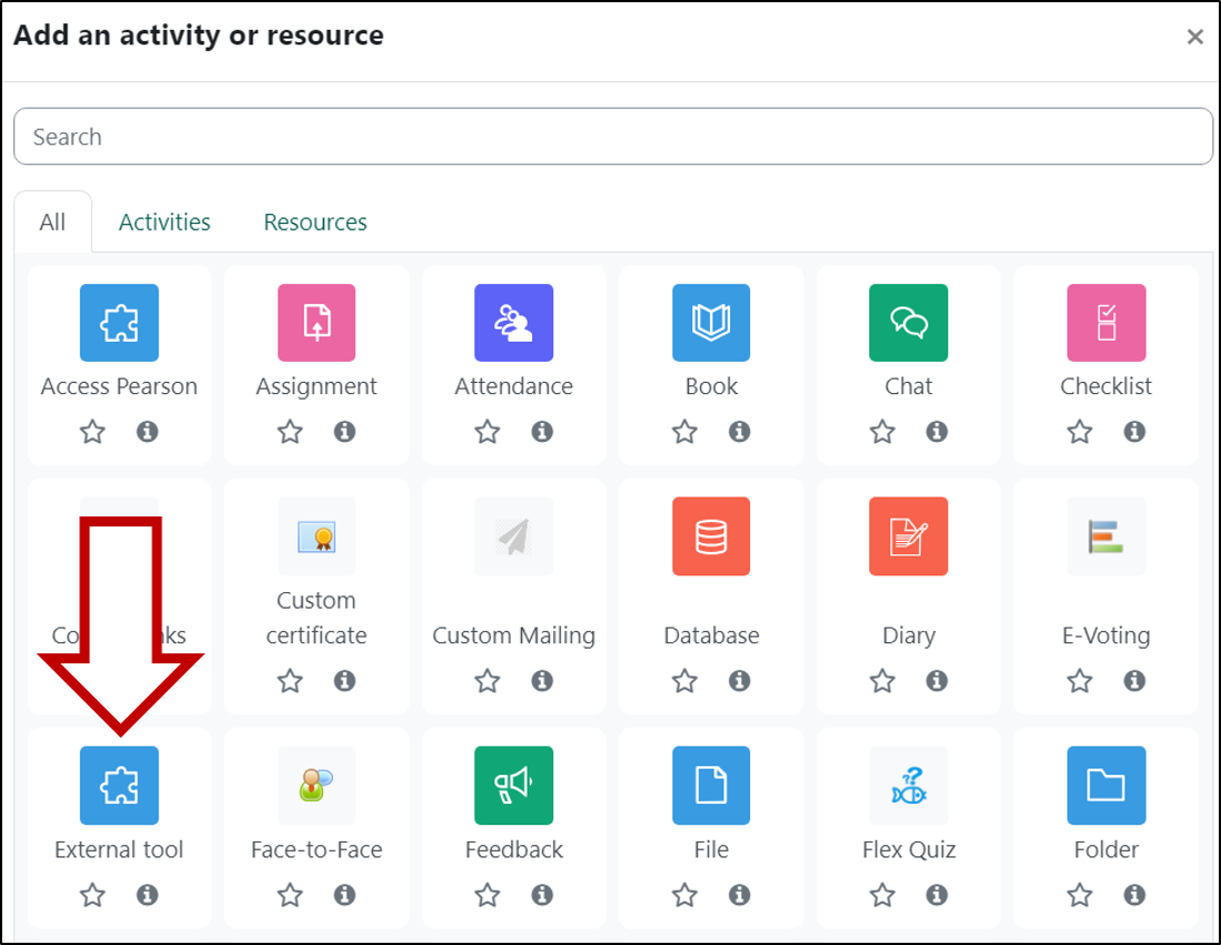 screenshot of the add an activity or resource page with external tool highlighted