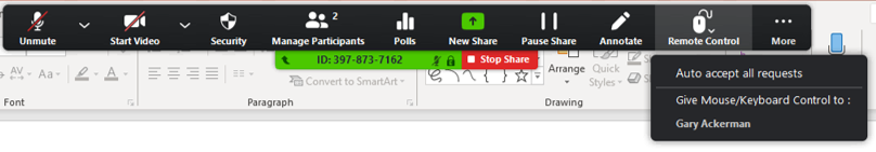 screen shot of remote control menu