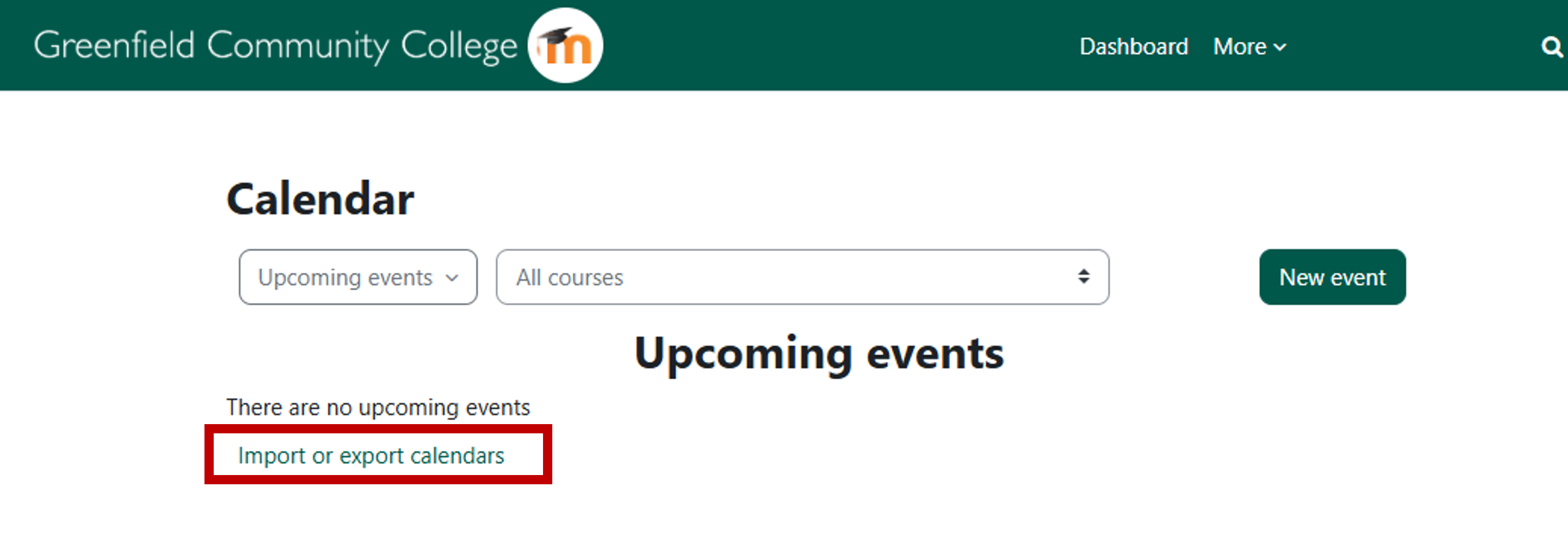 the calendar page with import and export text highlghted