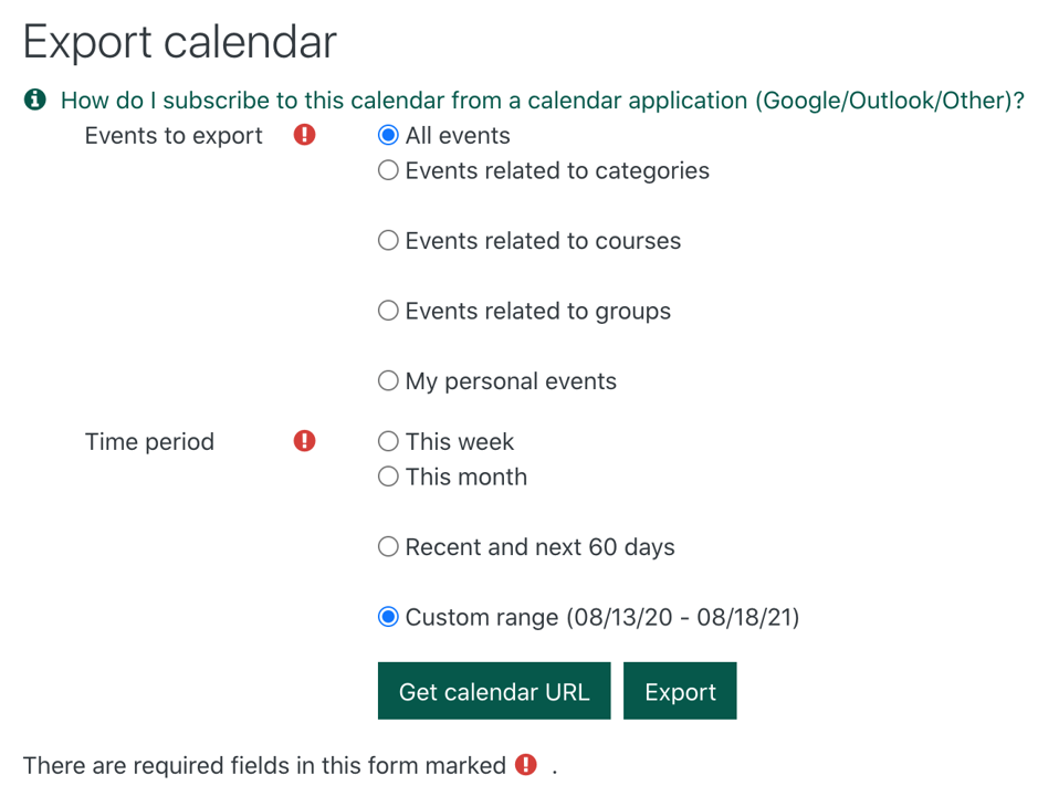 the export calendar settings