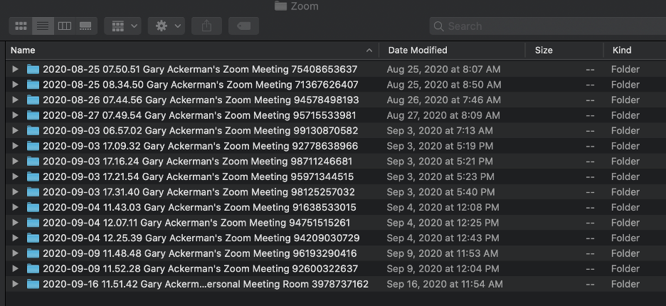 screenshot of Zoom meeting folders