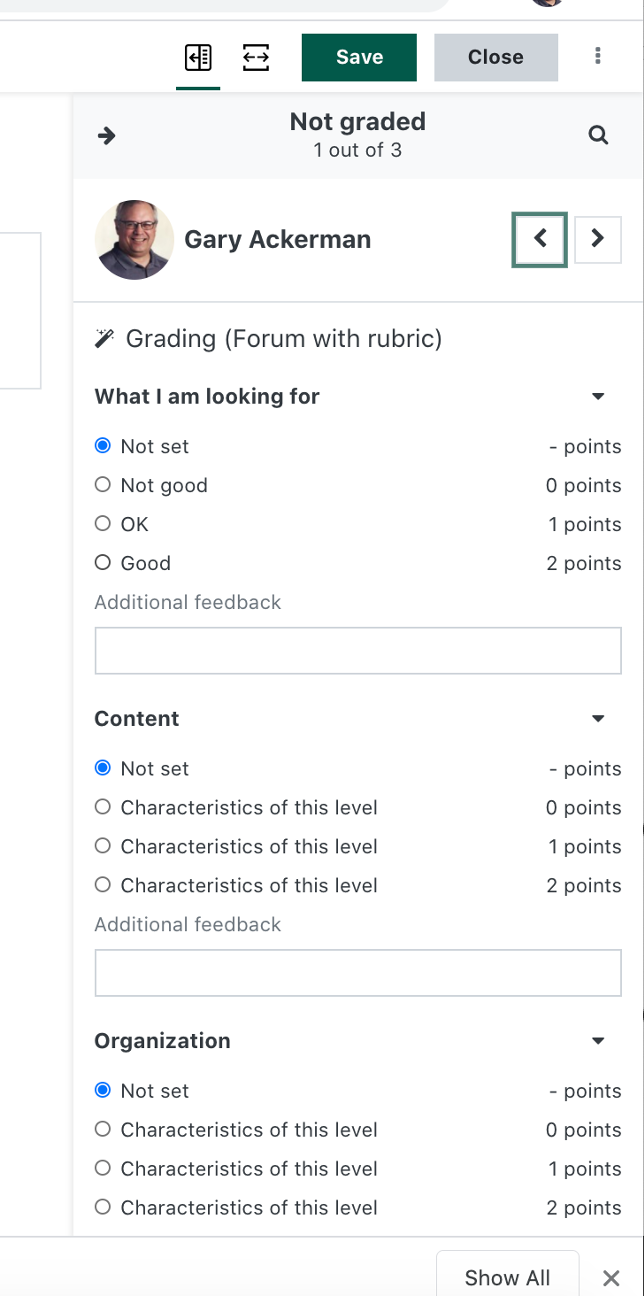 screenshot of  a rubric used to grade a forum