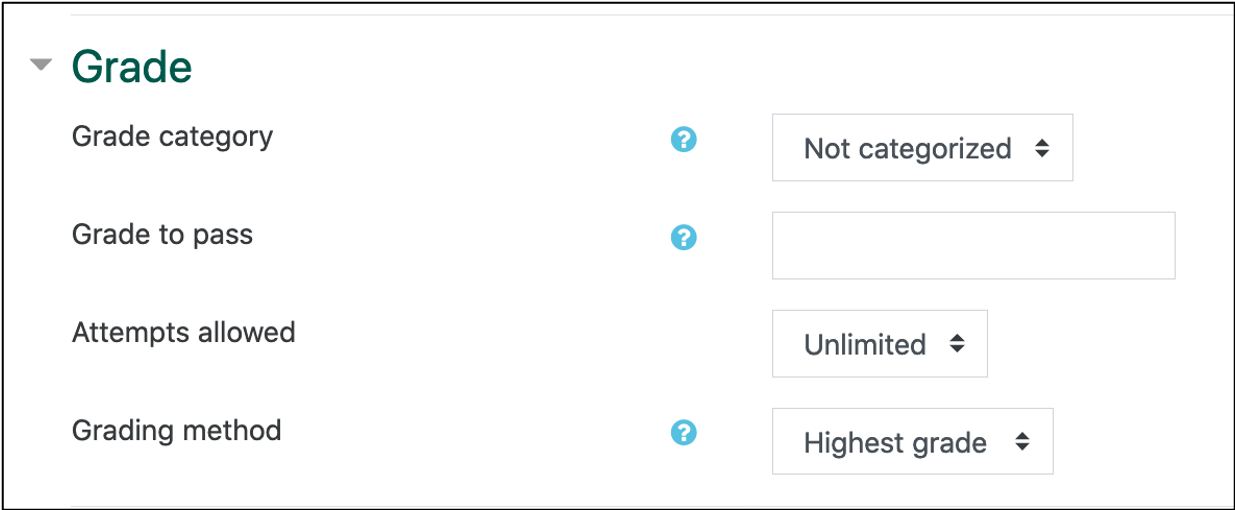screenshot of grade options