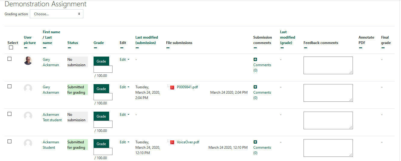 screenshot of submissions