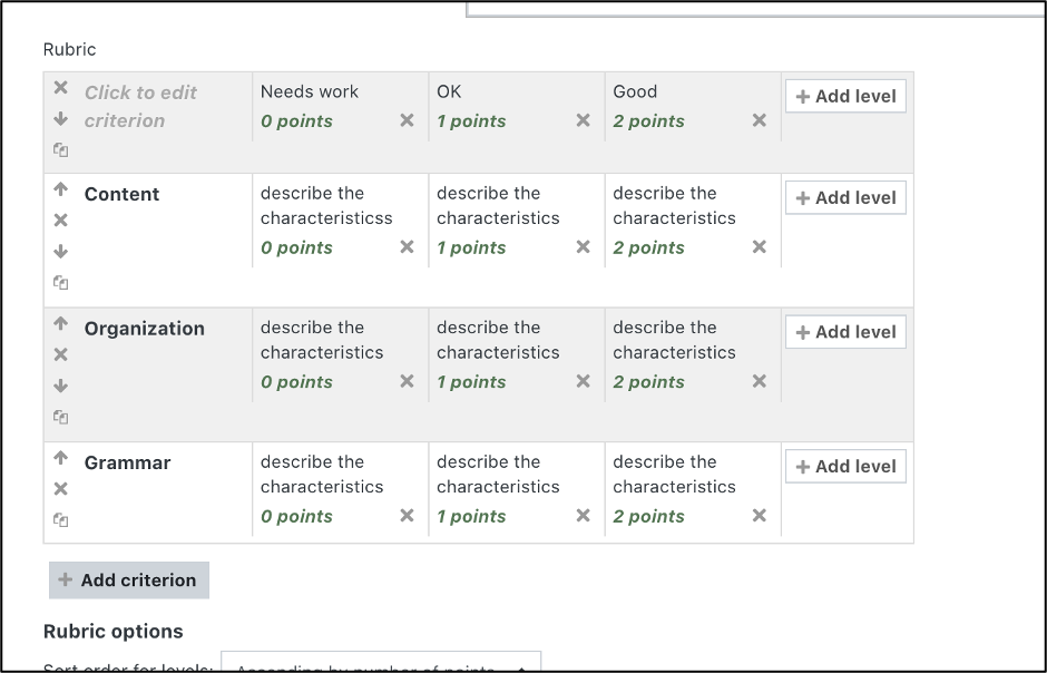 screenshot fo the rubric tool