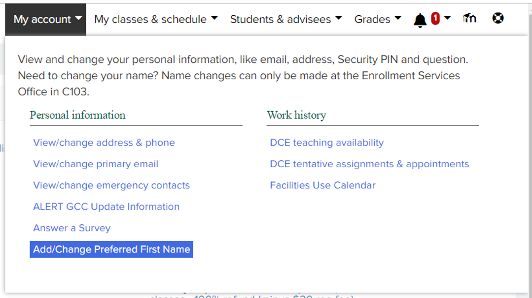 change preferred name menu on myGCC.
