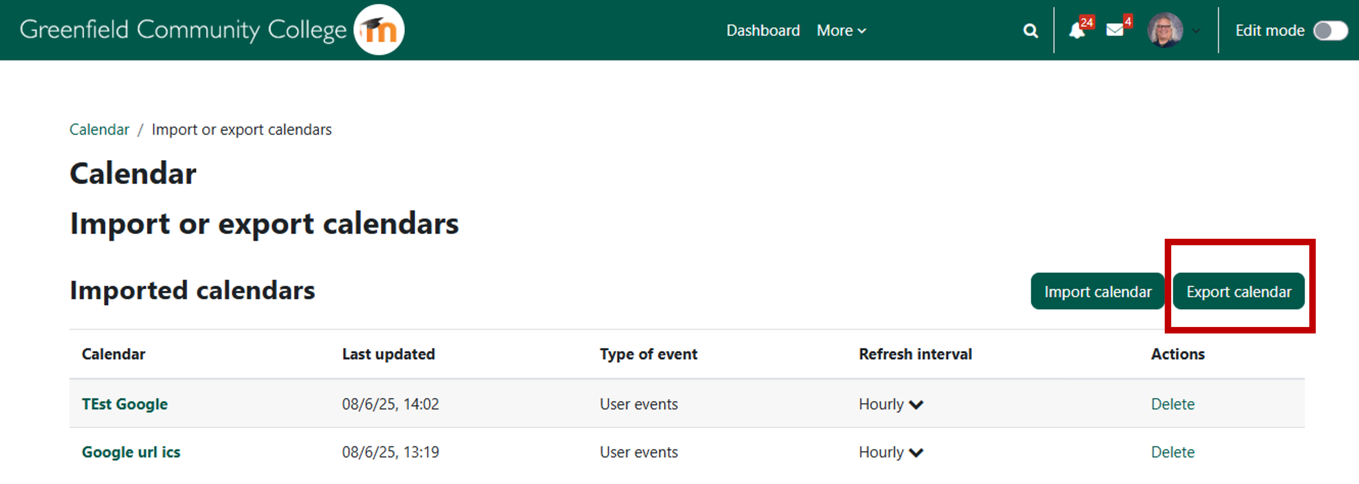 import export calendars page in Moodle