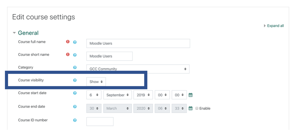 screenshot of "Edit course settings" window in Moodle