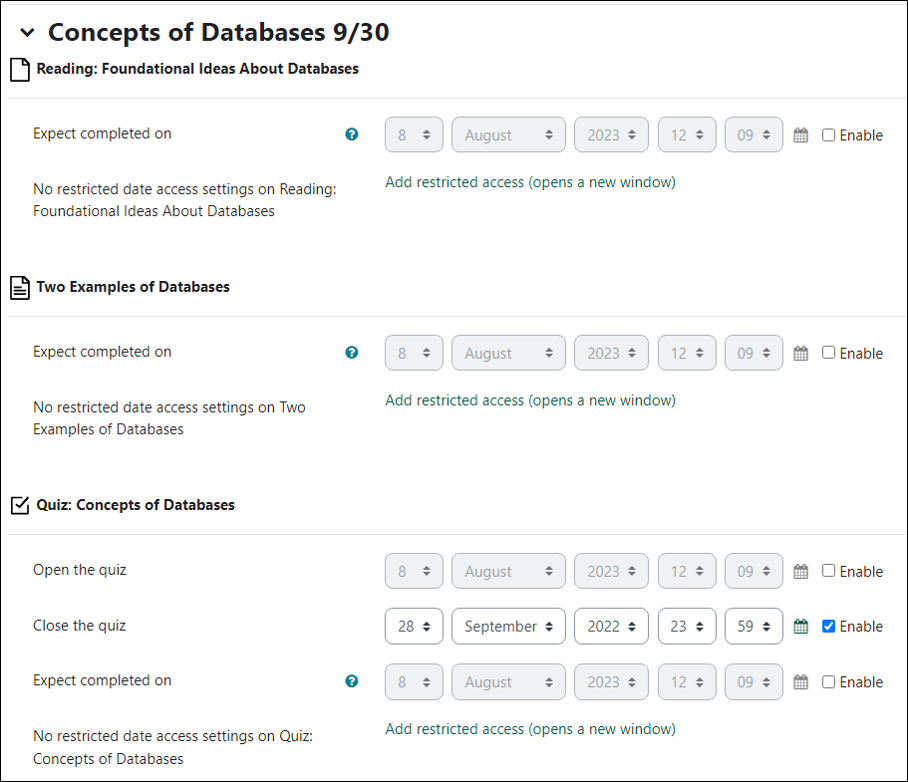 screenshot of the editable dates page