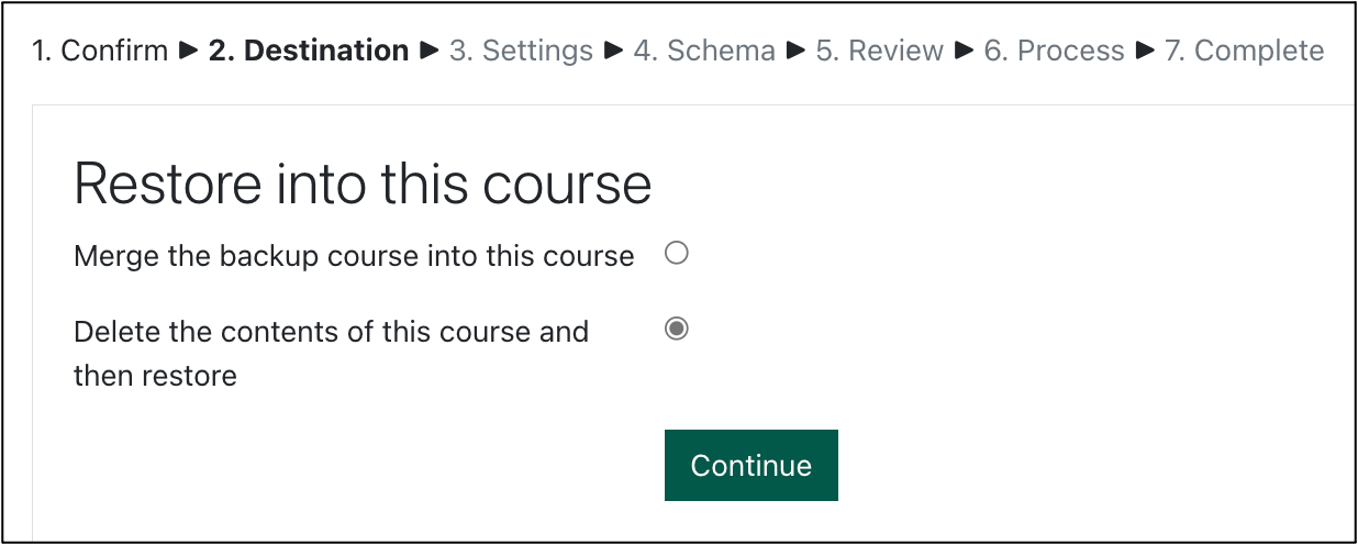 screenshot of the "destination" step