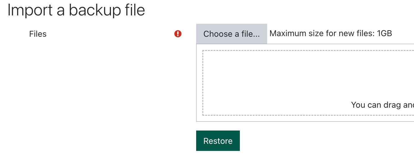 screen shot of the import a backup file dialogue box