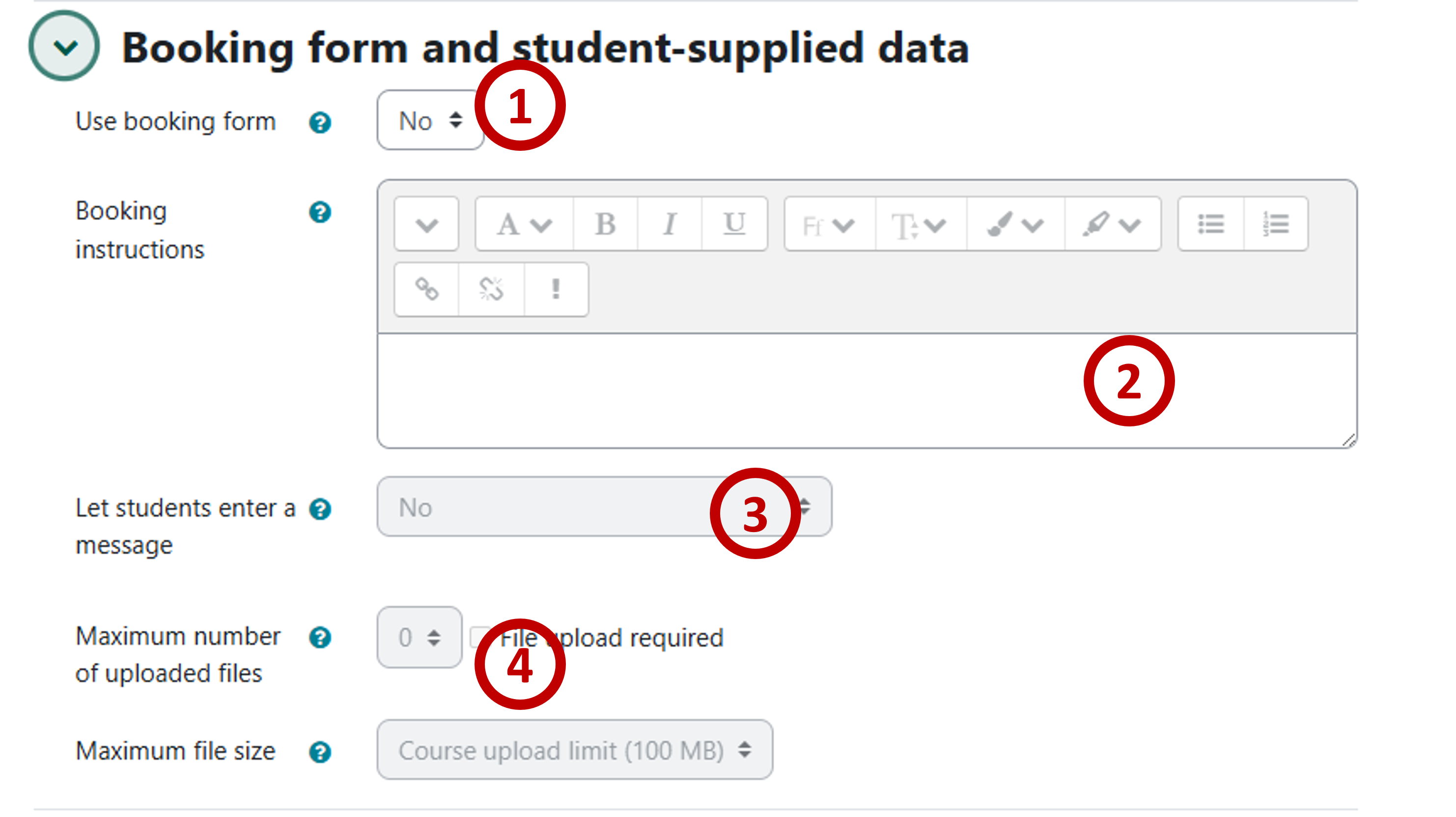 booking form and students-supplied data controls