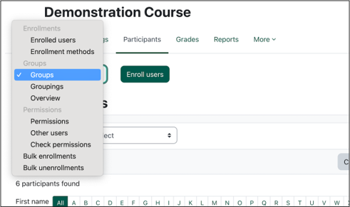 the enrollment menu showing groups