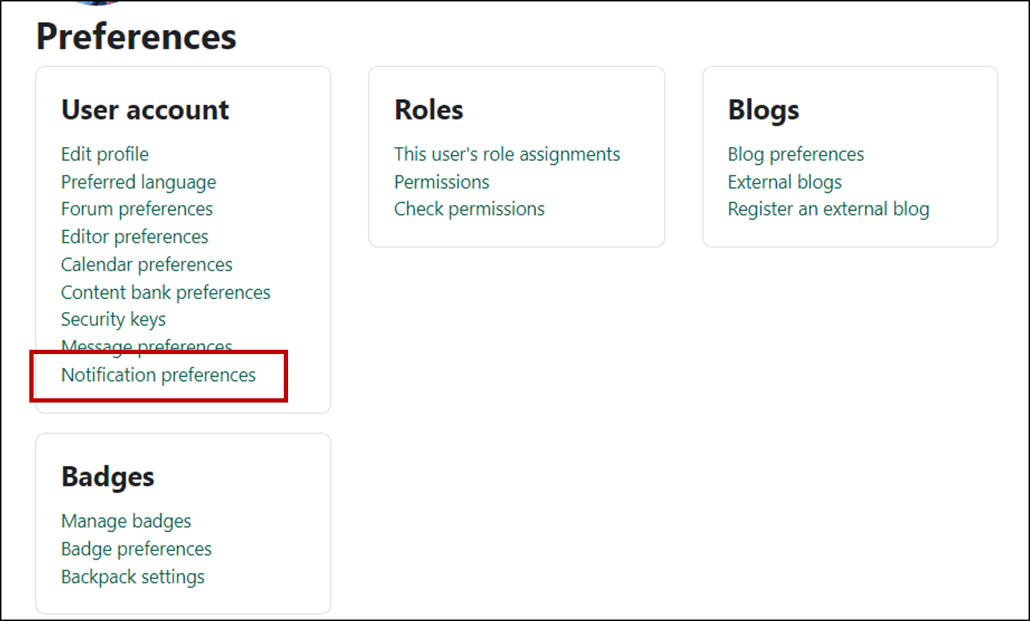the notification preferences link