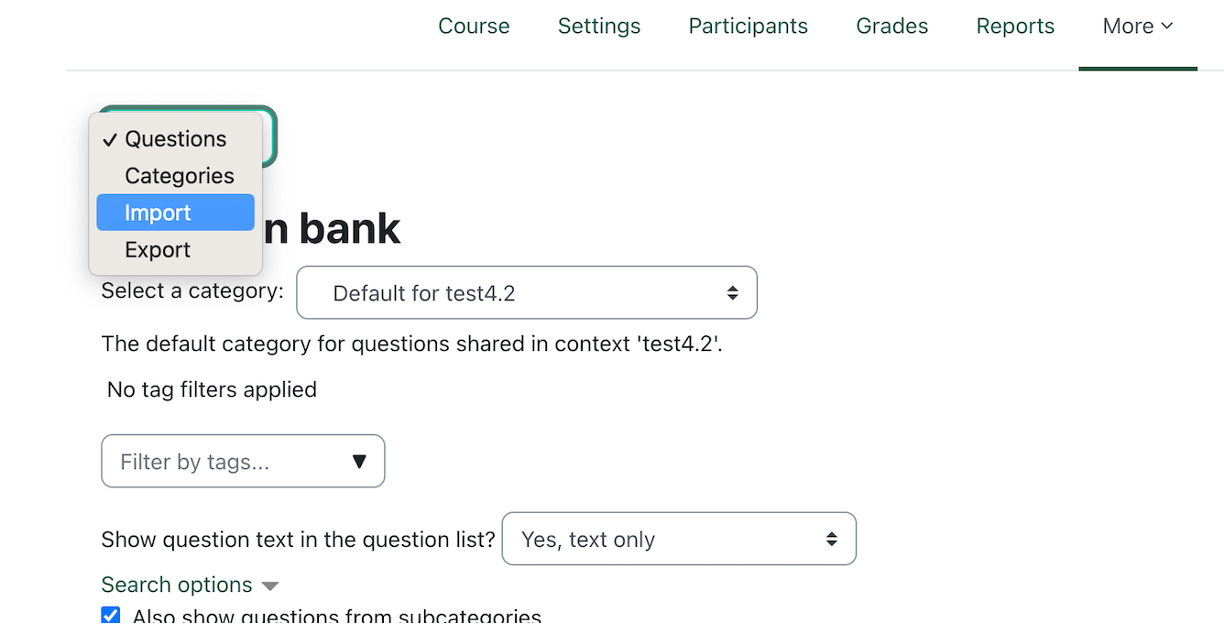 the import option in the questions menu
