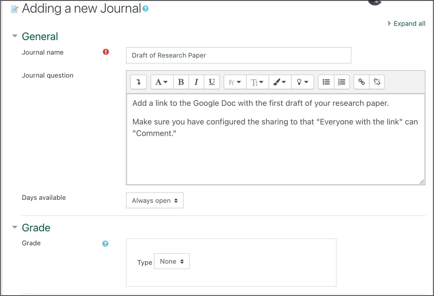 screenshot of the add a new journal item interface