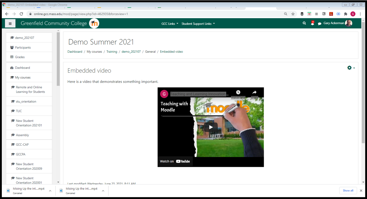 screenshot of a Moodle page with a YouTube video embedded