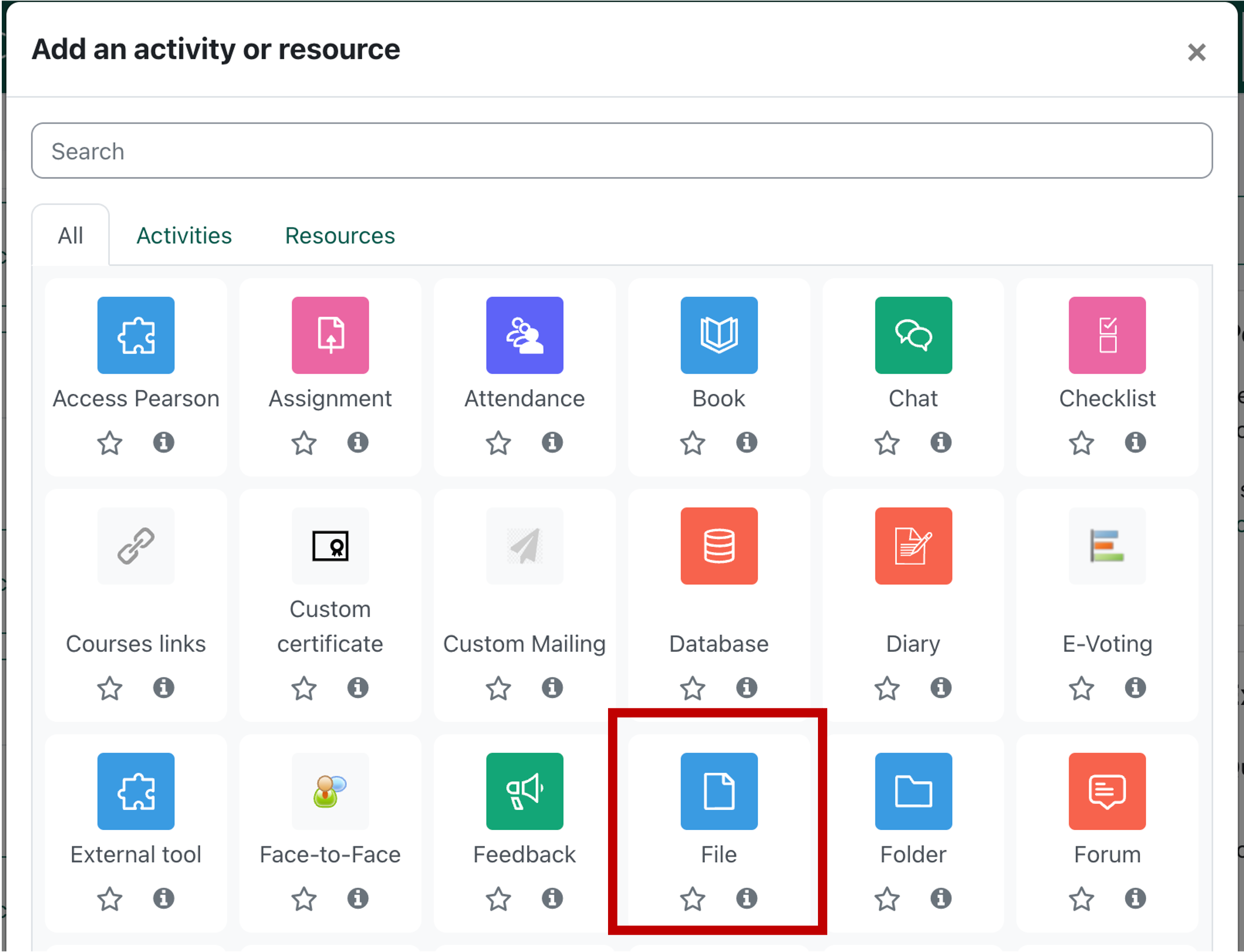 The add an activity or resource gallery with file highlighted