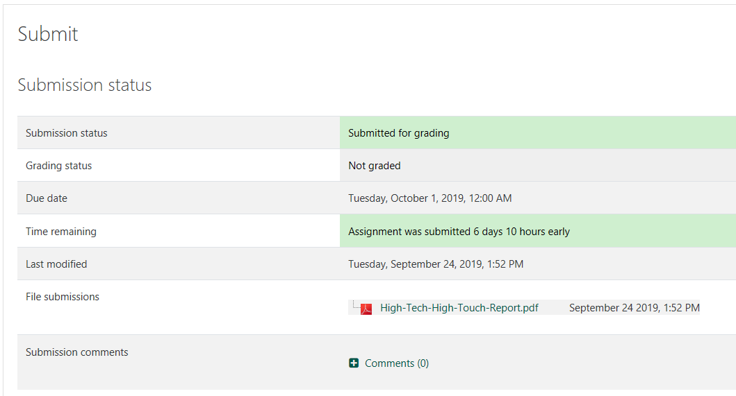screen shot of submission status