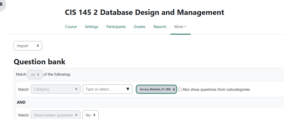 the interface to display categories for import