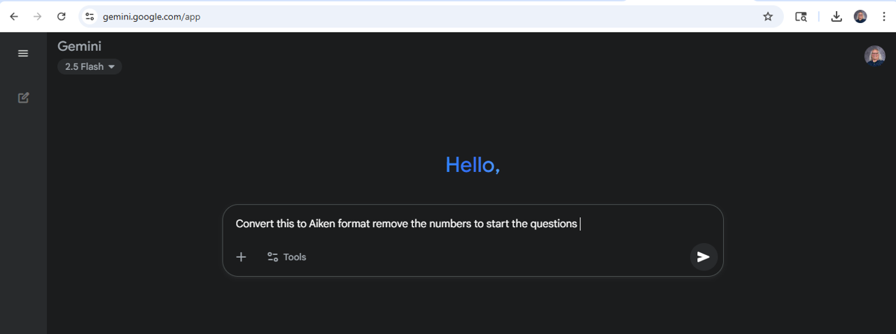 Gemini interface with the prompt
