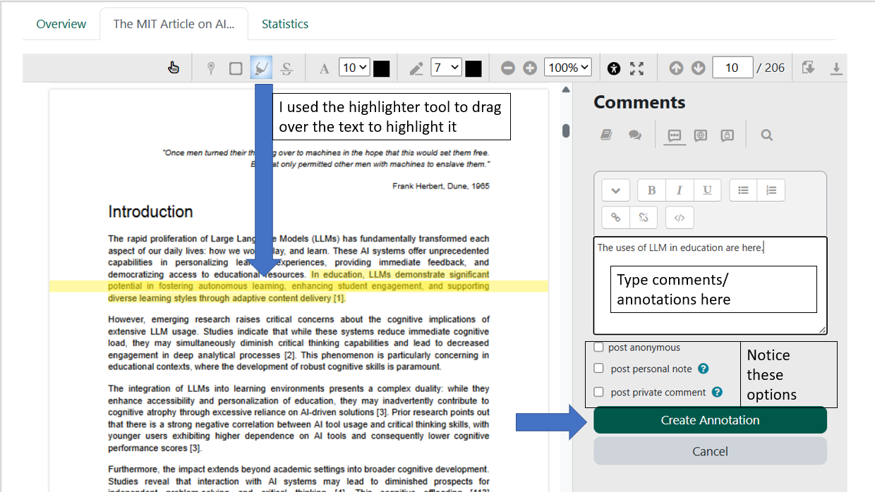 the interface after adding annotations