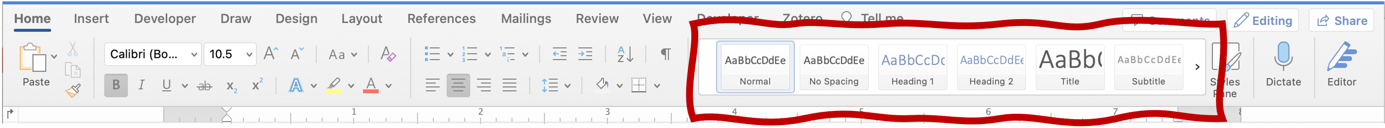 The styles group on the home tab in Microsoft Word