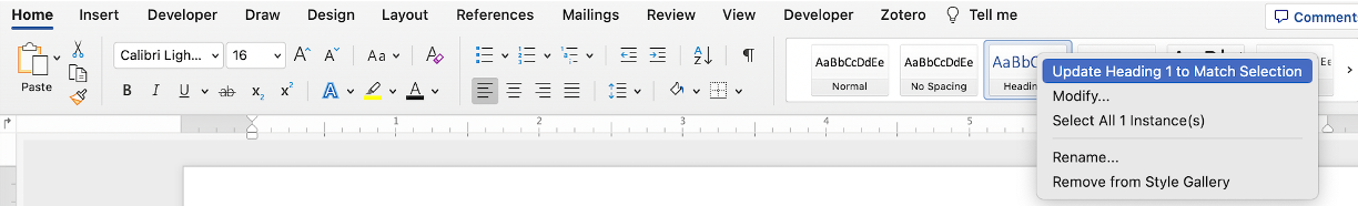 the menu to mathc selection to update the font characteristics of a style
