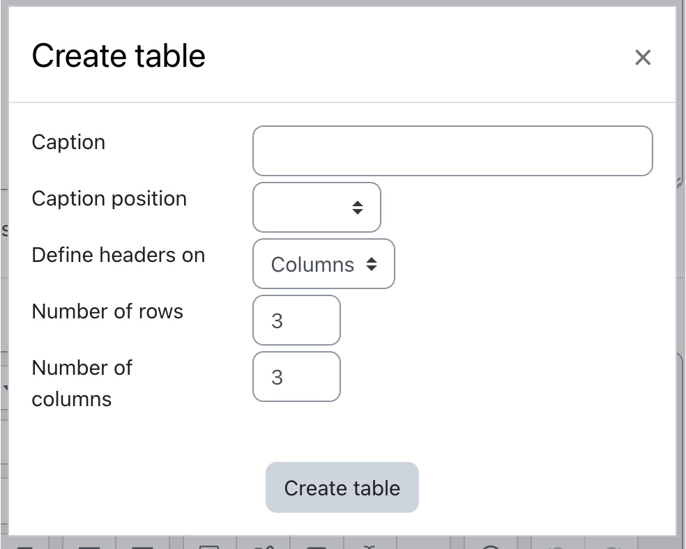 the create table dialoogue box in the ATTOtext editor showing the headers options