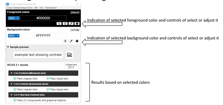 The color contrast analyzer window with the three panes highlighted