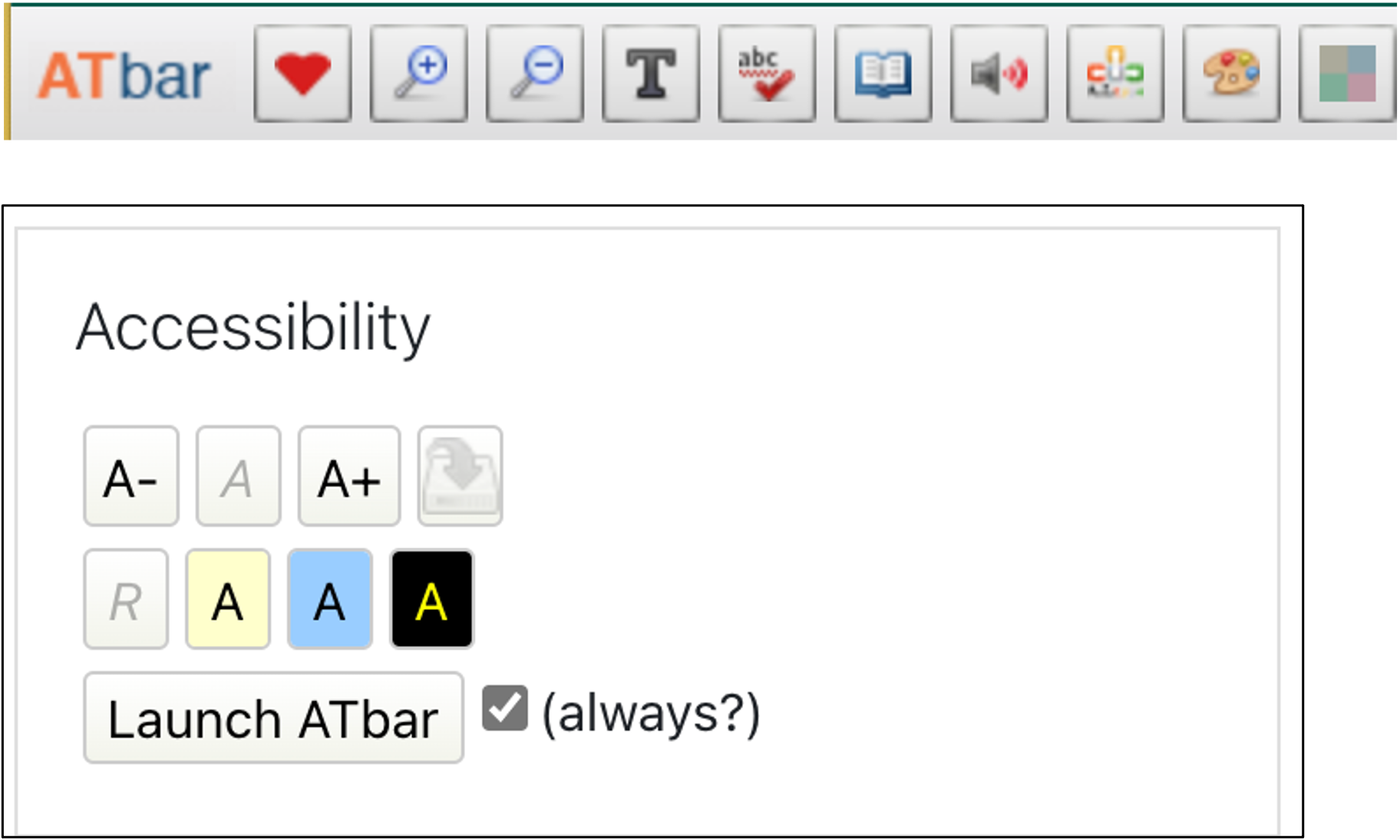 screenshot of the accessibility block and toolbar in Moodle