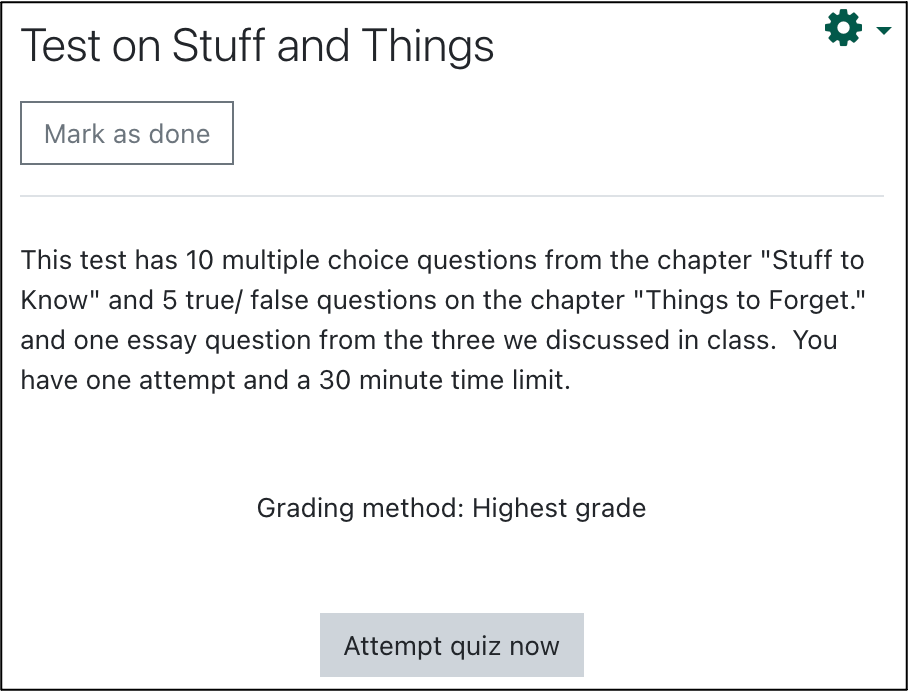 screenshpt of a Moodle quiz page that includes a description of the test