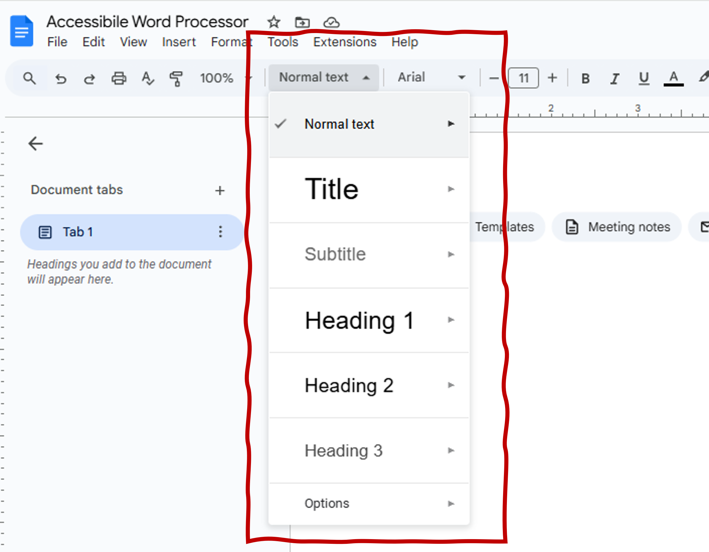 The styles drop down menu in the Google Docs toolbar