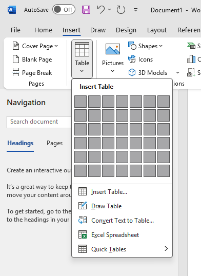 insert table drop down menu in the insert tab in Microsoft office