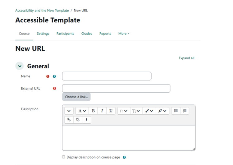 the add URL item dialogue box in Moodle