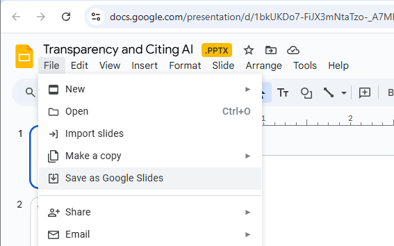 The save as Google slides menu in Google slides