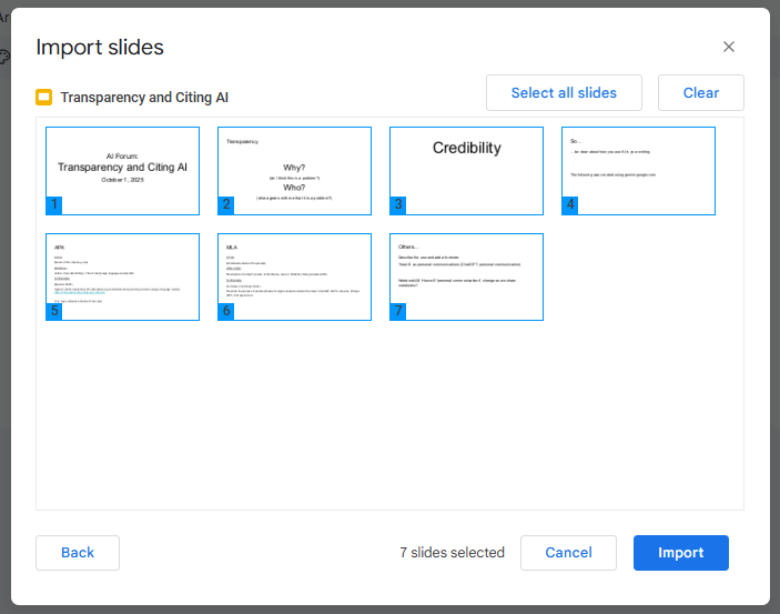 the dialogue box to import Google Slides into Google Vids