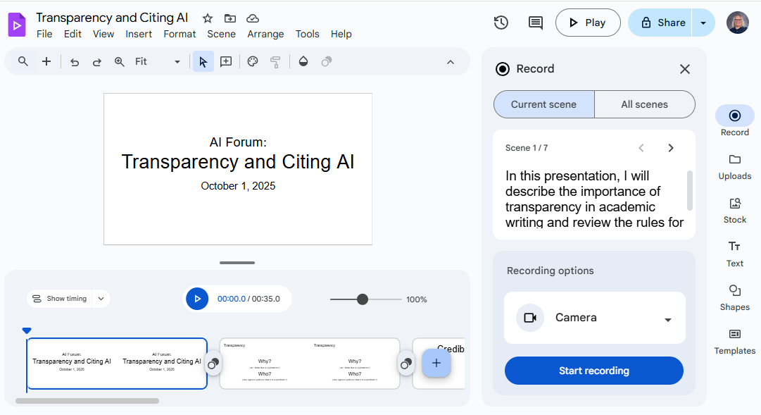 Google Vids interface with script displayed