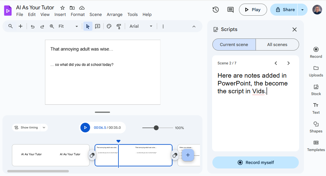 the Vids interface with the second slide selected and the new script