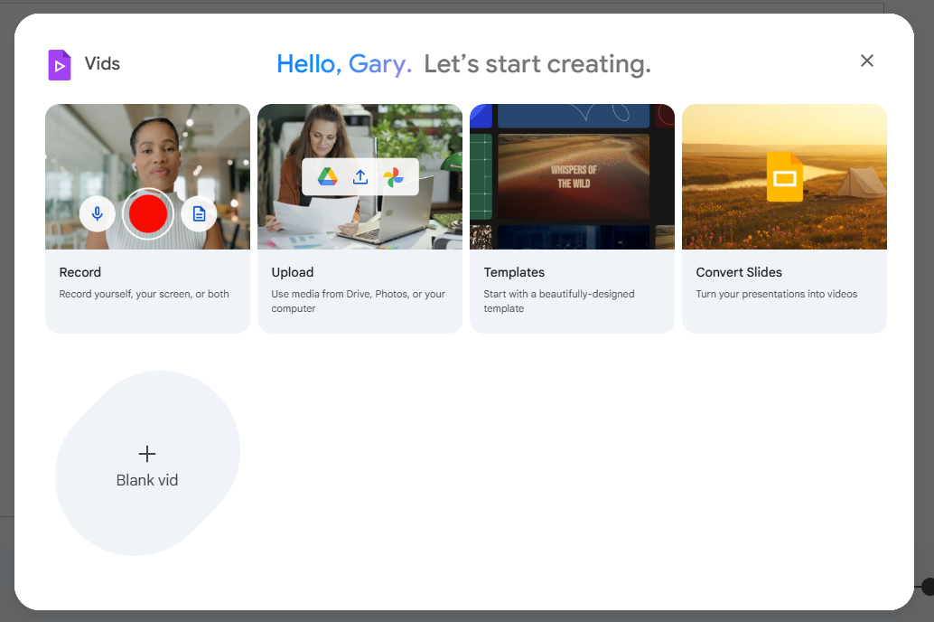 the Google vids  splash page