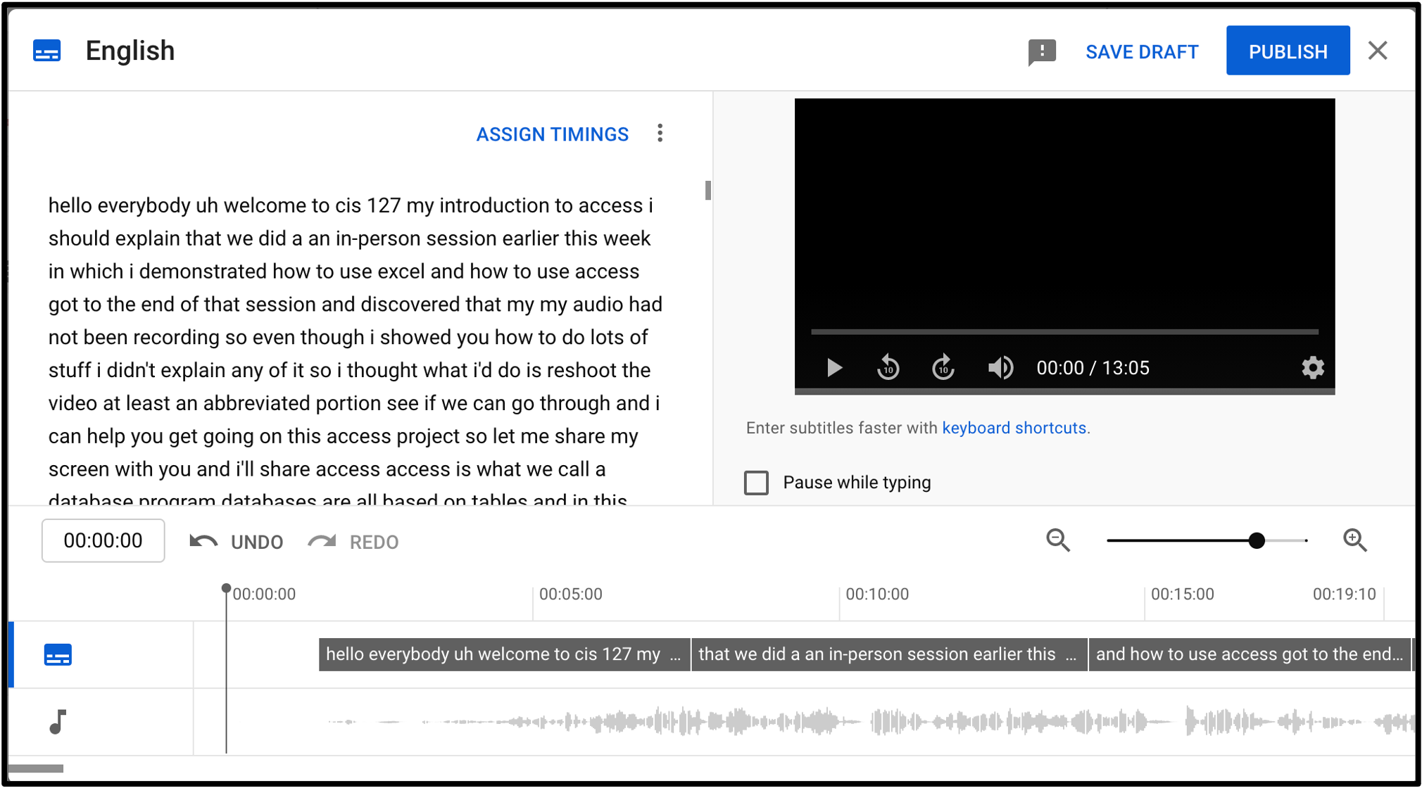 The edit subtitles interface in YouTube