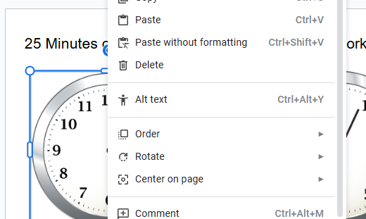 the content menu to display the alt text command in Google workspaces