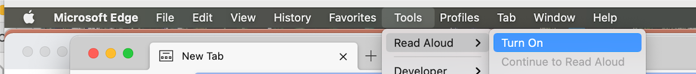 the read aloud command is available under the view menu in Microsoft Edge