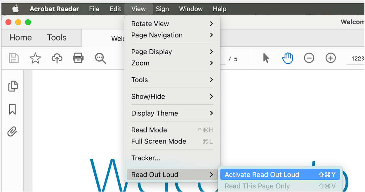 users activate read out loud under the view menu in Adobe Reader