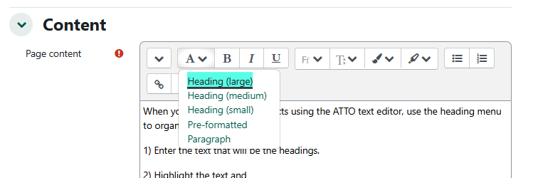 the header menu in the ATTO text editor