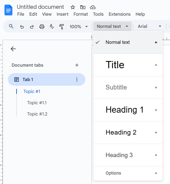 Google Docs headers toolbar and the navigation menu