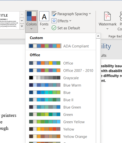the colors menu displaying the ADA Compliant theme